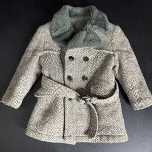 Vintage Herringbone Tweed Toddler 12 Mo 1 YO Overcoat Faux Fur Belted Tweed Coat